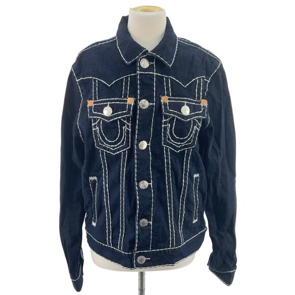 True Religion Jimmy Super T Dark Wash Blue Denim Jean Jacket Cotton Men’s Size S - Picture 1 of 5